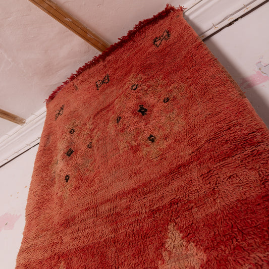 Vintage Moroccan Corridor Runner Rug - Handwoven Wool Carpet - Soft Red Geometric Design