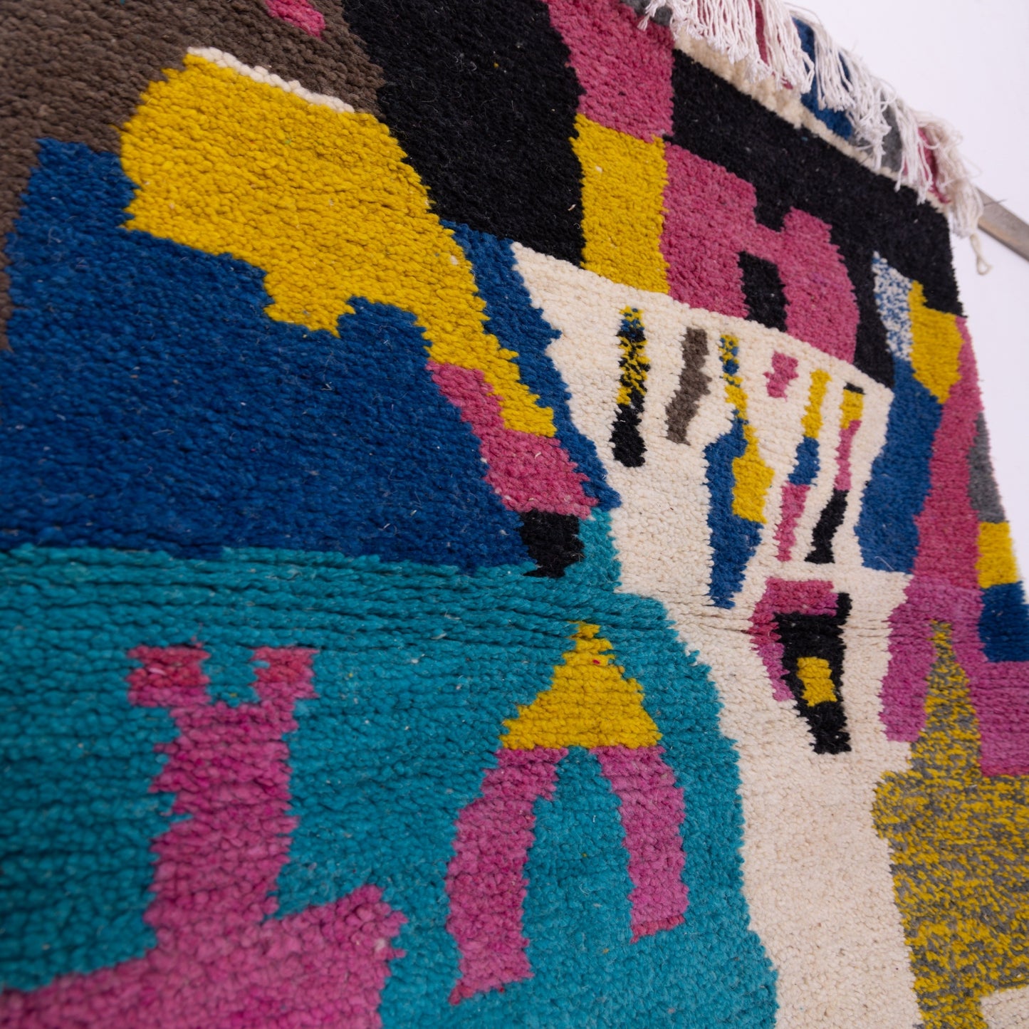 Figurative Boujad Rug – New Moroccan Wool Rug – Abstract Berber Art with Aqua, Magenta & Yellow – Handwoven Statement Wall Hanging