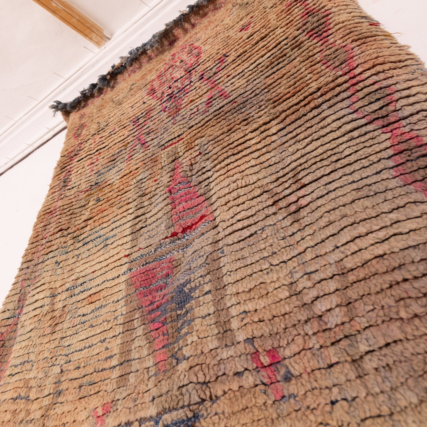 Vintage Moroccan Runner Rug - Handwoven Wool Carpet - Abstract Design in Earthy Tones with Pink & Red Accents