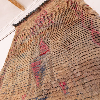 Vintage Moroccan Runner Rug - Handwoven Wool Carpet - Abstract Design in Earthy Tones with Pink & Red Accents