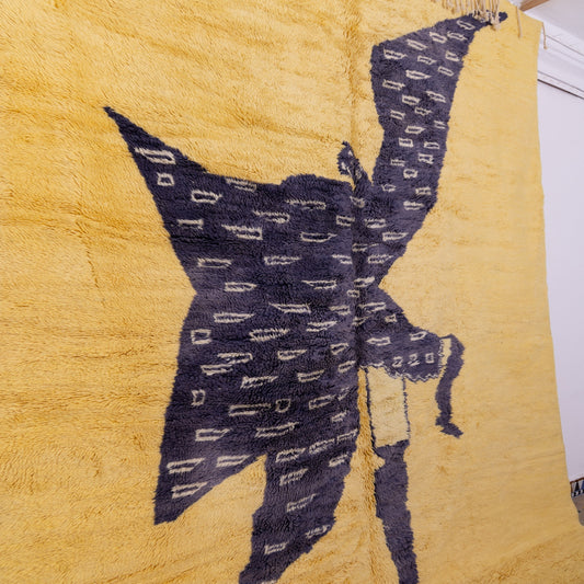 Handwoven Moroccan Mrirt Rug – Yellow & Black Artistic Berber Carpet with Abstract Figure Design