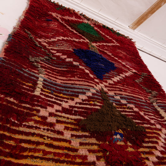 Vintage Moroccan Runner Rug - Deep Red Handwoven Wool with Diamond Tribal Motifs