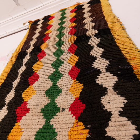 Vintage Moroccan Corridor Rug - Handwoven Runner with Multicolor Rhombus Pattern - Narrow Wool Tribal Hallway Carpet
