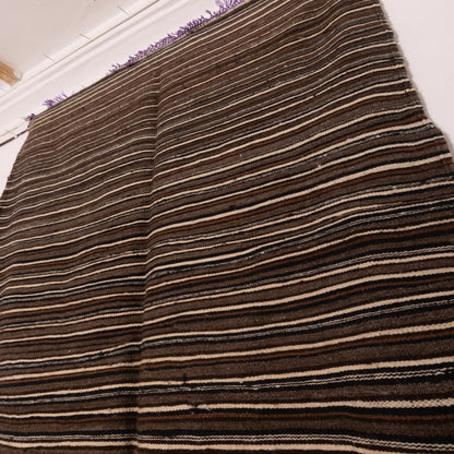 Vintage Moroccan Striped Handwoven Rug | Dark Brown Berber Wool Blanket | Authentic Nomadic Textile ; 7,05 ft / 4,27 ft