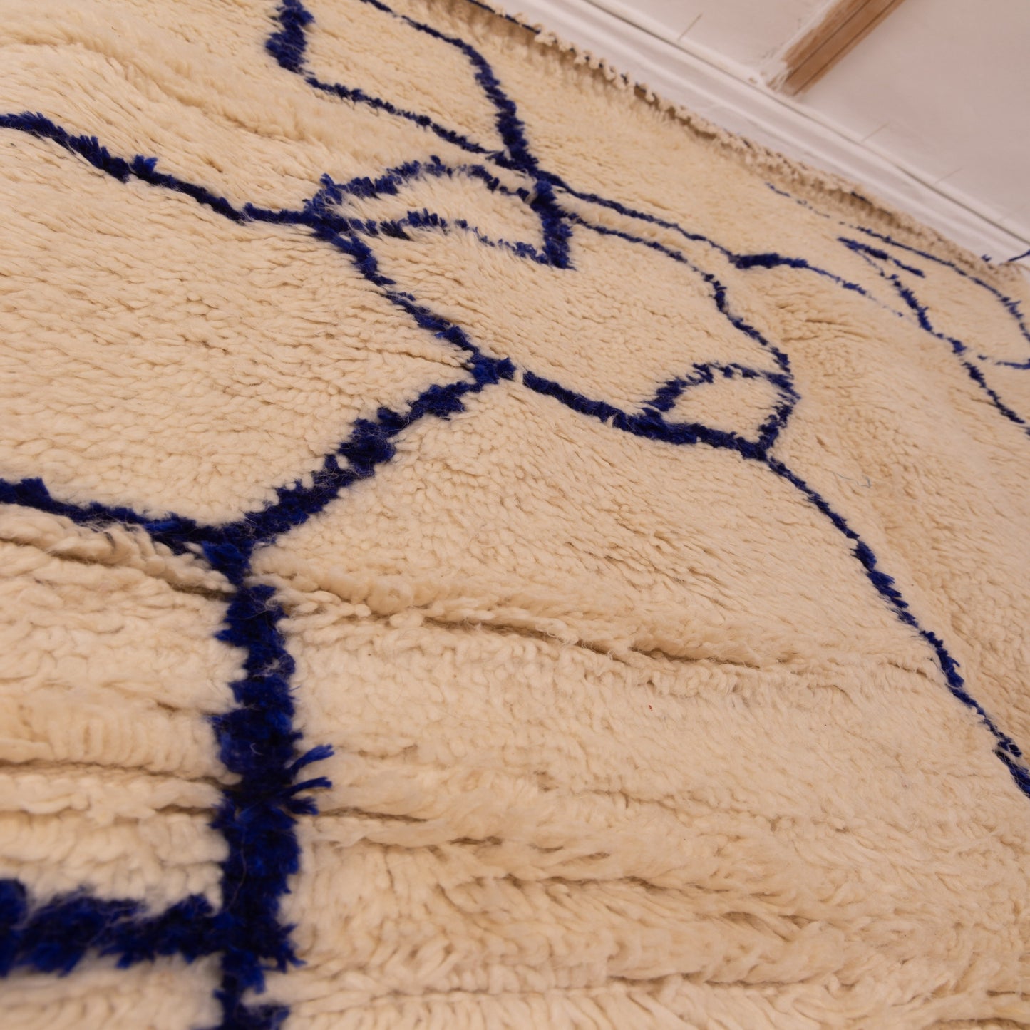 Minimalist Abstract Moroccan Wool Rug - Handwoven Blue Line Art on Cream - Modern Berber Wall Hanging or Area Rug