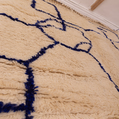 Minimalist Abstract Moroccan Wool Rug - Handwoven Blue Line Art on Cream - Modern Berber Wall Hanging or Area Rug