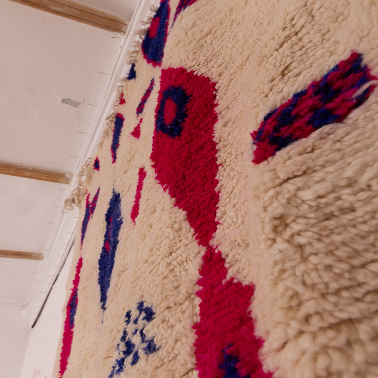 Moroccan Azilal Rug - Handmade Wool & Cotton Carpet - Magenta & Indigo Berber Symbols - Tribal Wall or Floor Art