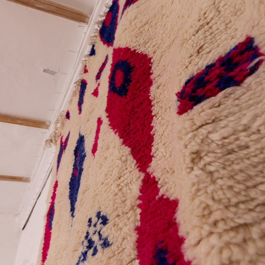 Moroccan Azilal Rug - Handmade Wool & Cotton Carpet - Magenta & Indigo Berber Symbols - Tribal Wall or Floor Art