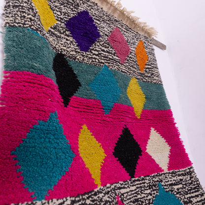 Diamond Motif Boujad Rug – New Moroccan Wool Rug – Fuchsia, Teal & Black Pattern – Berber Handmade Wall Hanging or Small Accent Rug