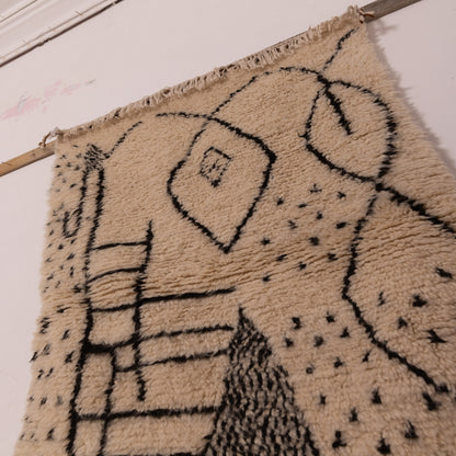 Neutral Azilal Rug with Tribal Symbols - Handmade Wool & Cotton Moroccan Carpet - Small Berber Wall Hanging or Area Rug