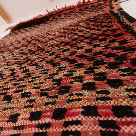 Vintage Moroccan Corridor Rug - Handwoven Flat-Weave Runner with Red & Black Checker Pattern - Traditional Berber Hallway Carpet