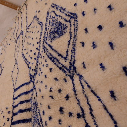 Handmade Azilal Rug - Moroccan Tribal Wool & Cotton Carpet - Abstract Blue Pattern on Cream - Boho Berber Decor