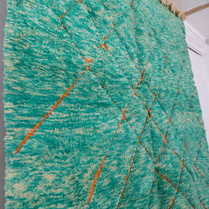 Handmade Mrirt Rug – 100% Wool Moroccan Berber Carpet – Vibrant Green & Orange Diamond Pattern Rug – Boho, Eclectic, & Modern Home Decor