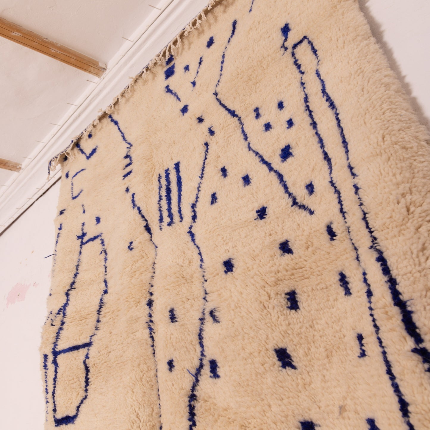 Abstract Berber Azilal Rug with Tribal Indigo Symbols - Handwoven Moroccan Wool & Cotton Carpet - One-of-a-Kind Art Rug