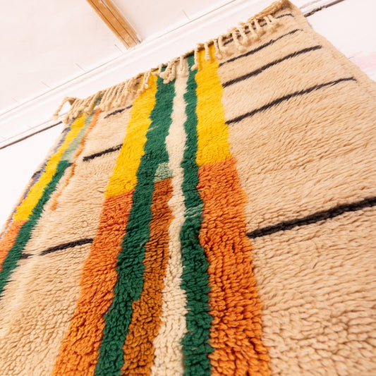 Vintage Moroccan Corridor Runner Rug - Handwoven Wool Carpet - Bold Striped Geometric Design - Yellow, Green & Orange
