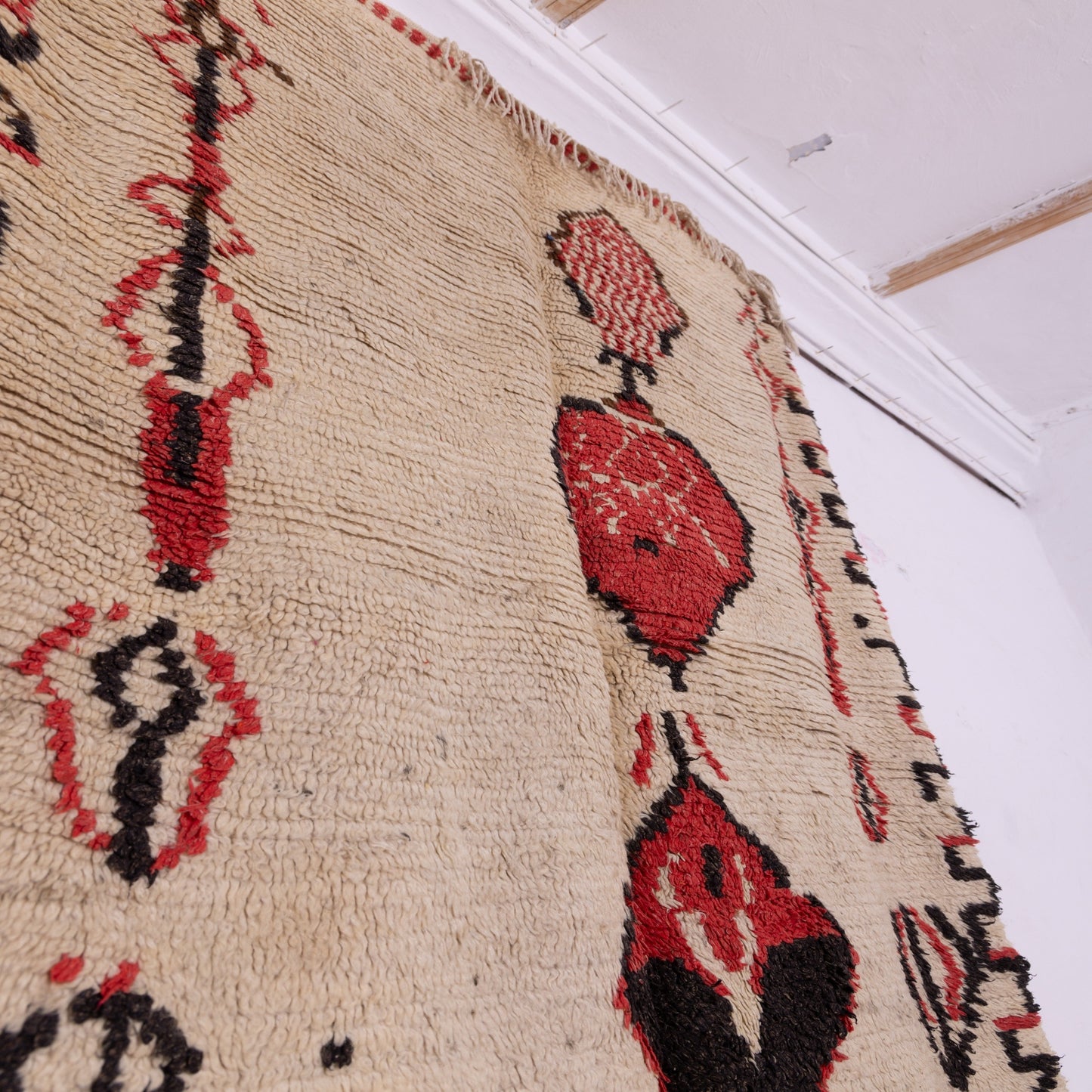 Vintage Moroccan Azilal Rug - Tribal Red & Black Motifs - Abstract Folk Art Design