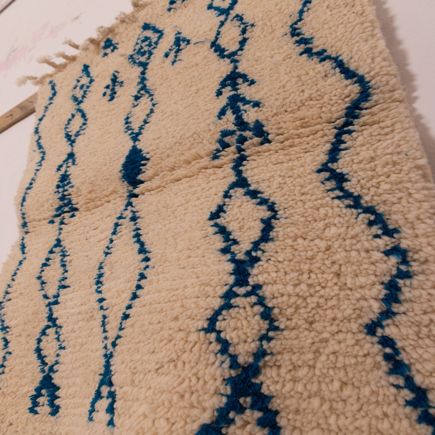 New Handmade Azilal Wool Rug - Blue Diamond Pattern on Cream - Modern Moroccan Tribal Decor
