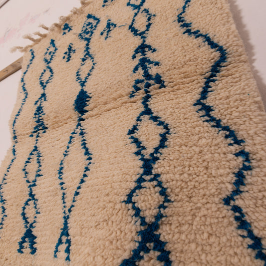 New Handmade Azilal Wool Rug - Blue Diamond Pattern on Cream - Modern Moroccan Tribal Decor