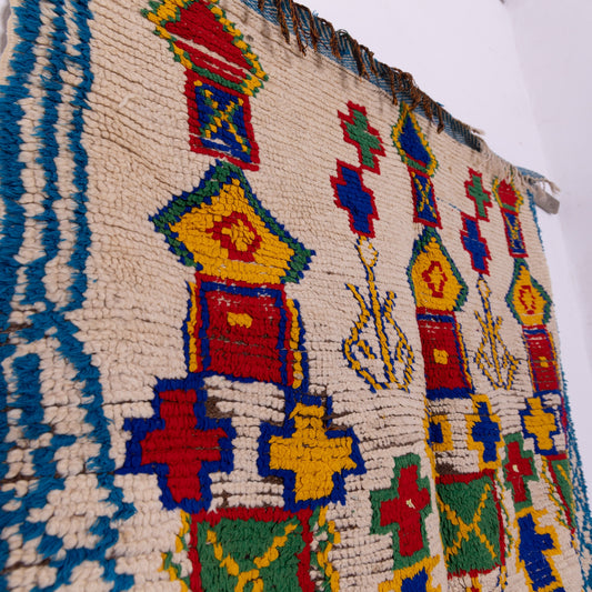 Vintage Azilal Wool Rug - Bold Tribal Motifs in Primary Colors - Moroccan Berber Handwoven Art