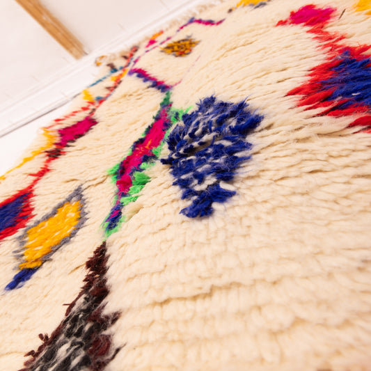 Colorful Moroccan Azilal Runner Rug - Handwoven Woo - Corridor Carpet with Tribal Diamond Motifs - Cream & Multicolor Boho Hallway Rug