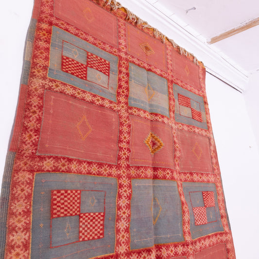 Handwoven Moroccan Akhnif Rug – Red & Blue Geometric Patchwork
