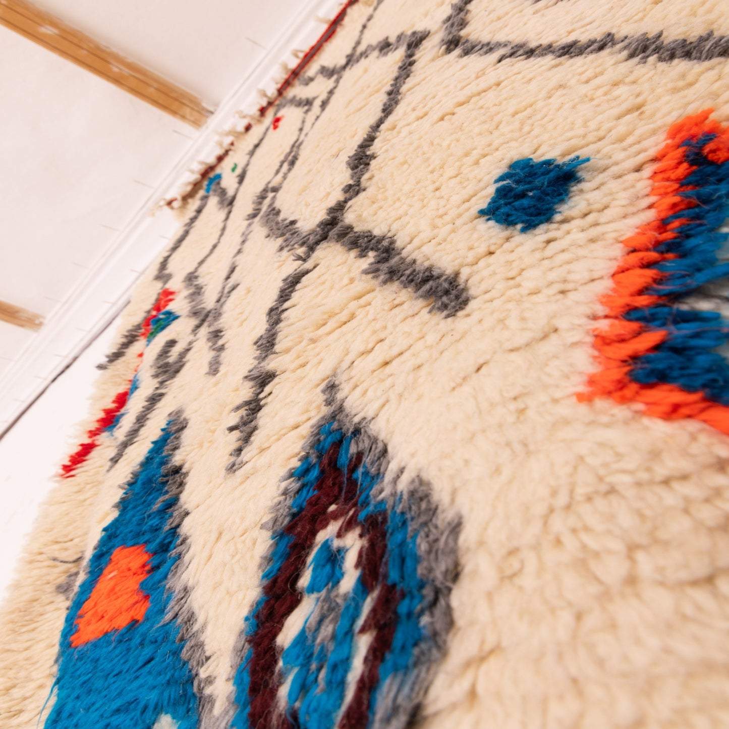 Handwoven Moroccan Runner Rug - Vibrant Geometric Design - Colorful Abstract Pattern in Orange, Blue, and Red