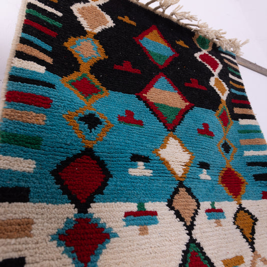 Totemic Diamond Boujad Rug – New Moroccan Wool Rug – Tribal Pattern in Black, Turquoise, Cream & Red – Handwoven Berber Wall Hanging