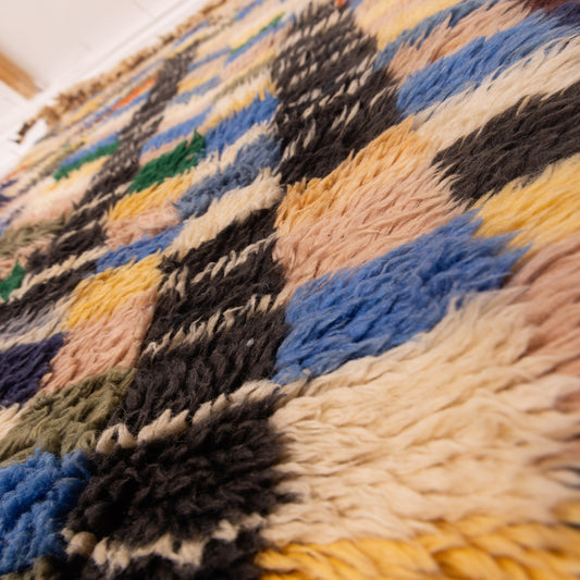 Colorful Moroccan Boucherouite Runner Rug - Handwoven Wool Corridor Carpet - Vintage Boho Hallway Rug - Multicolor Checkerboard Pattern