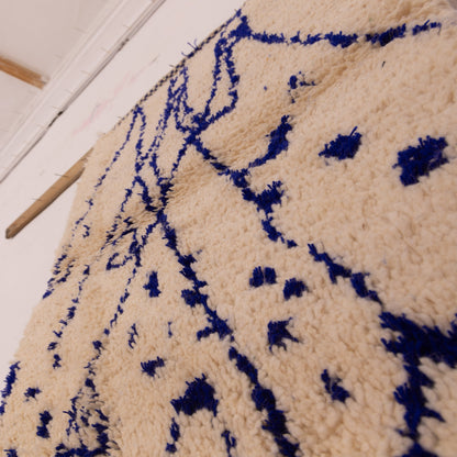 New Handmade Azilal Wool Rug - Blue Mountain Pattern on Cream - Abstract Tribal Decor for Wall or Floor