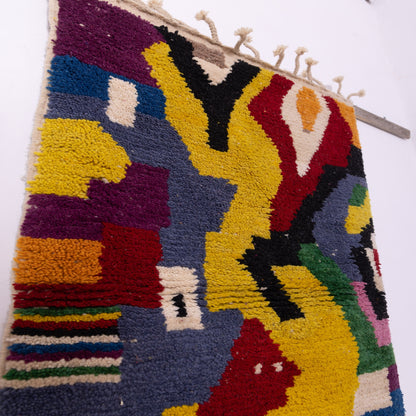 Animal Motif Boujad Rug – New Moroccan Wool Rug – Bold Berber Abstract with Yellow, Red & Navy – Handmade Wall Hanging or Accent Rug