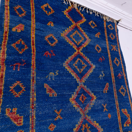 Vintage Moroccan Berber Rug – Handwoven Wool from Moyen Atlas – Deep Blue with Tribal Symbols – Authentic Beni Mguild Carpet – Bohemian & Ethnic Home Decor