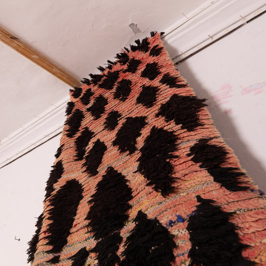 Vintage Moroccan Corridor Runner Rug - Bold Diamond Pattern - Handwoven Berber Wool Carpet - Peach & Black