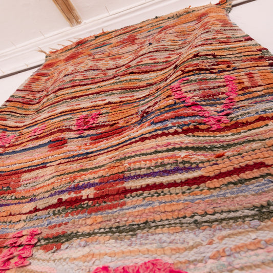 Vintage Moroccan Corridor Rug - Flat-Weave Wool Runner with Tribal Pink & Turquoise Motifs - Handwoven Hallway Berber Carpet