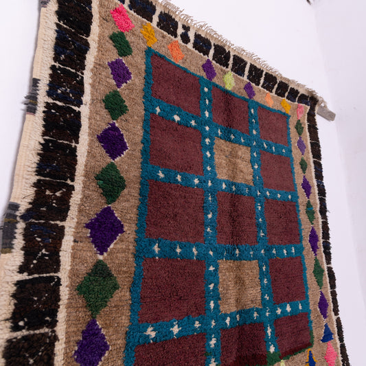 Vintage Azilal Wool Rug - Bold Geometric Grid with Colorful Tribal Border - Handwoven Moroccan Art