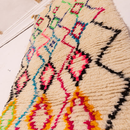 Moroccan Wool Runner Rug - Geometric Diamond Pattern - Handwoven - Colorful Pink, Green, and Yellow