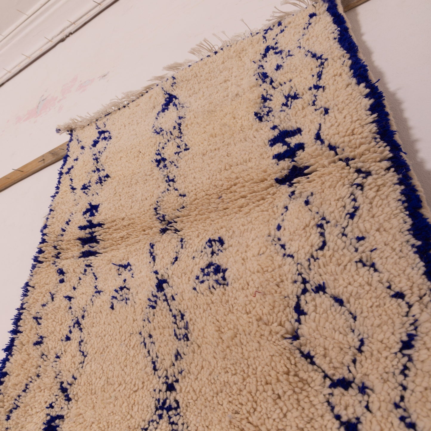 New Handmade Azilal Wool Rug - Abstract Blue Diamond Pattern on Cream - Moroccan Tribal Wall or Floor Decor
