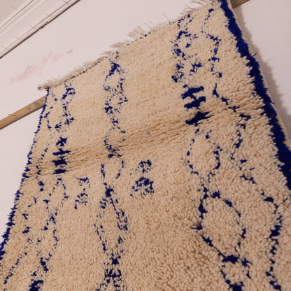 New Handmade Azilal Wool Rug - Abstract Blue Diamond Pattern on Cream - Moroccan Tribal Wall or Floor Decor