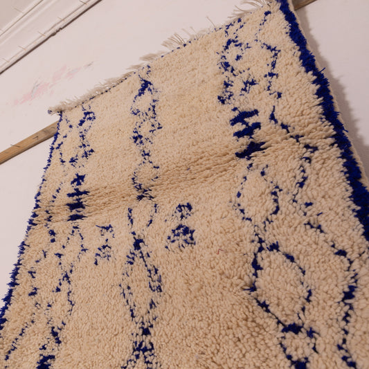 New Handmade Azilal Wool Rug - Abstract Blue Diamond Pattern on Cream - Moroccan Tribal Wall or Floor Decor