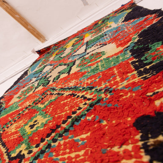 Vintage Moroccan Corridor Runner Rug - Handwoven Wool Hallway Carpet with Tribal Totem Motifs - Multicolor Taznakht-Style Berber Rug