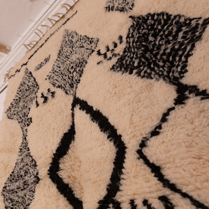 Handwoven Moroccan Wool Rug - Black & Cream Berber Tribal Diamonds - Abstract Azilal-Inspired Carpet