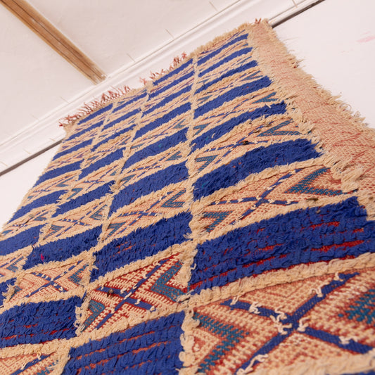 Vintage Moroccan Berber Rug - Handwoven Wool Rug with Bold Blue & Geometric Patterns