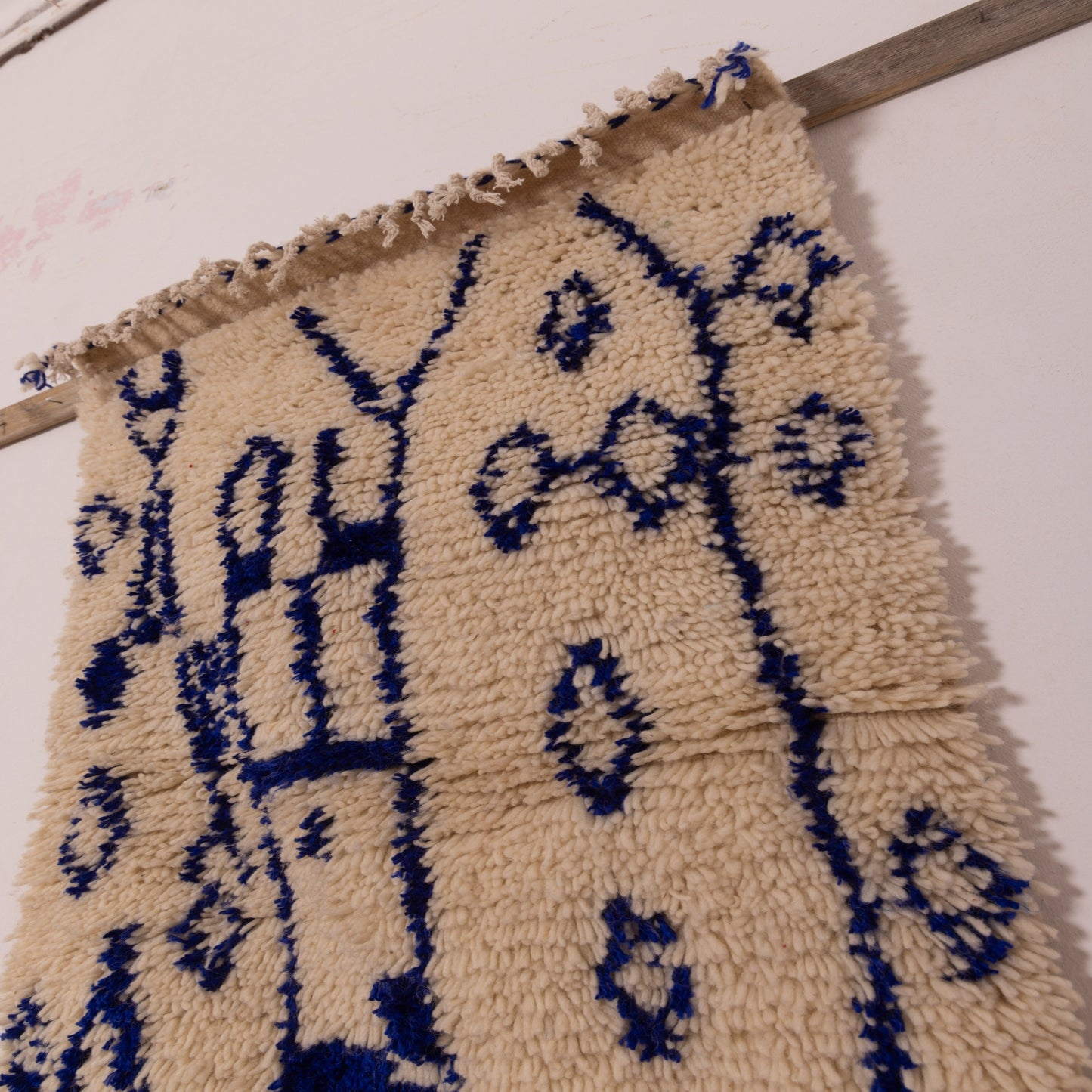 New Handmade Azilal Wool Rug - Abstract Blue Geometric Patterns - Modern Moroccan Floor or Wall Decor