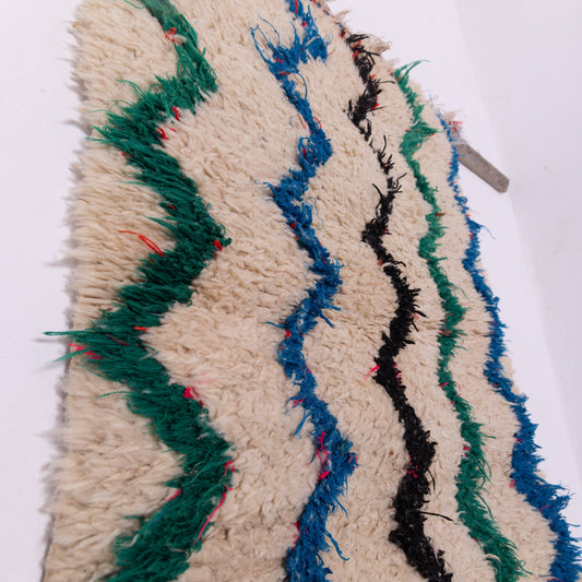 Vintage Azilal Moroccan Rug - Handwoven Wool Runner with Zigzag Pattern - Cream, Green, Blue & Black Berber Carpet
