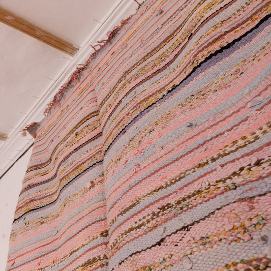 Vintage Moroccan Boucherouite Rug – Handwoven Striped Bohemian Carpet, Soft Pastel Home Decor