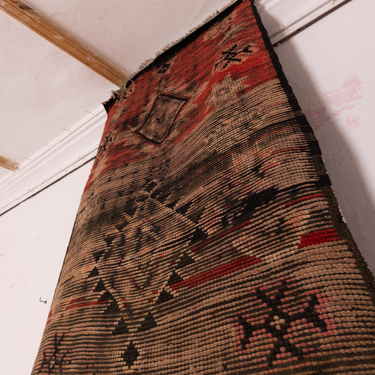 Vintage Moroccan Corridor Runner Rug - Handwoven Berber Wool Carpet - Deep Red & Brown Diamond Design - 80% Wool 20% Cotton - Tribal Symbols