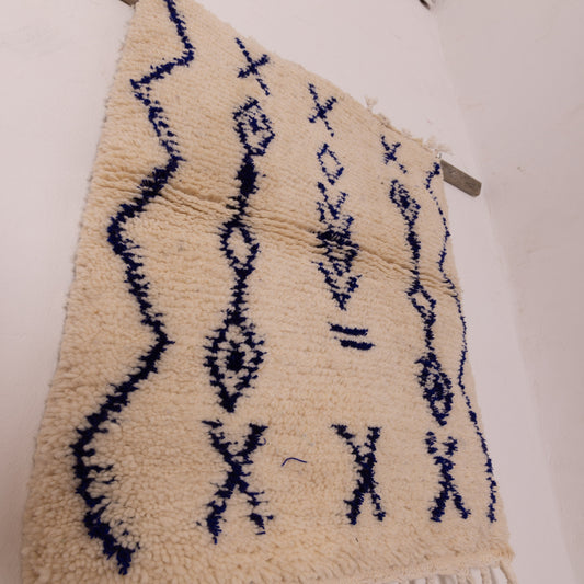 New Handmade Azilal Wool Rug - Abstract Blue Tribal Motif on Cream - Modern Moroccan Wall or Floor Decor