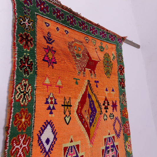 Vintage Boujad Rug – Handmade Moroccan Wool Carpet with Lion Motifs, Orange & Green Tribal Berber Rug, Statement Bohemian Decor