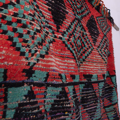 Vintage Azilal Rug – Bold Red & Green Moroccan Wool Rug - Handwoven Tribal Art Piece - Mid-Century Berber Carpet