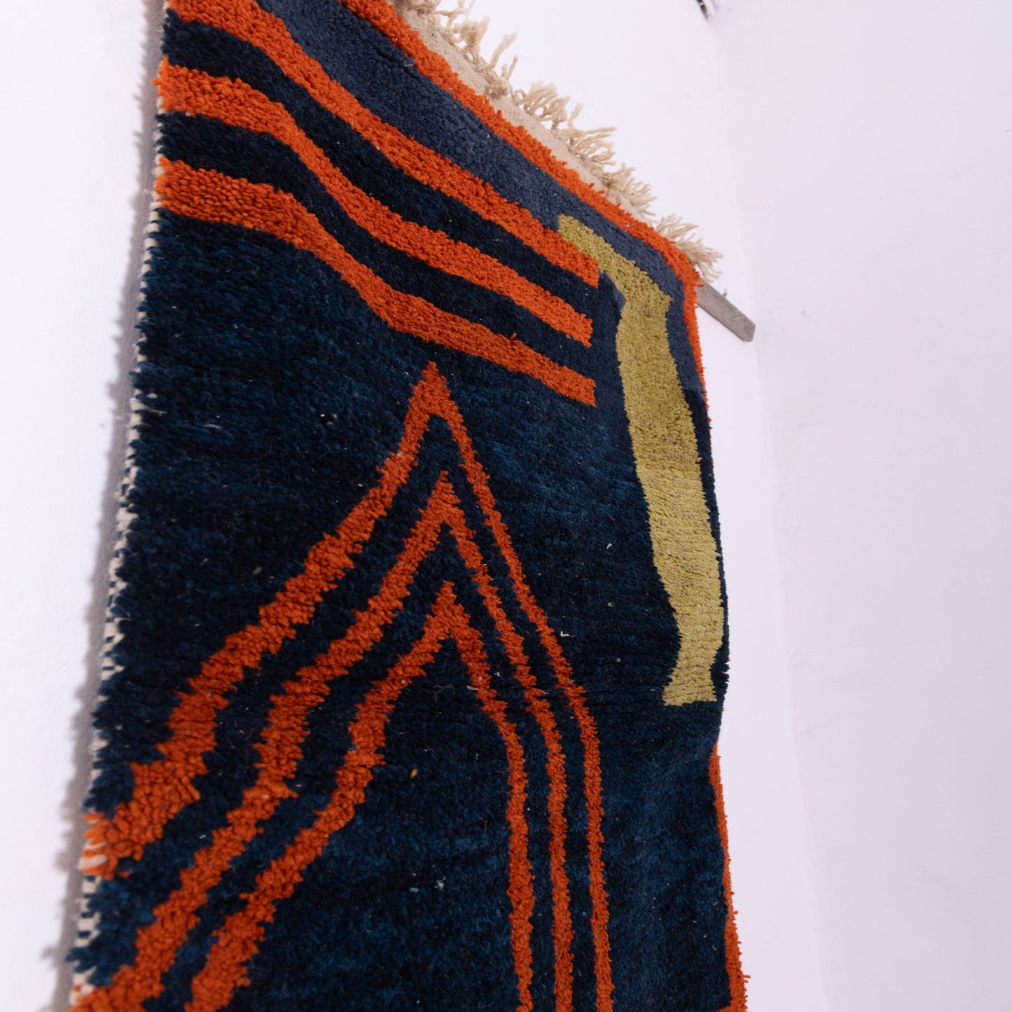 Modern Geometric Boujad Rug – New Moroccan Wool Rug – Indigo, Orange & Olive Wall Art – Minimalist Tribal Handwoven Decor