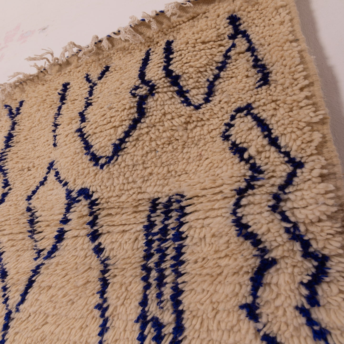 New Handmade Azilal Wool Rug - Blue Abstract Tribal Designs on Cream - Boho Moroccan Floor or Wall Decor